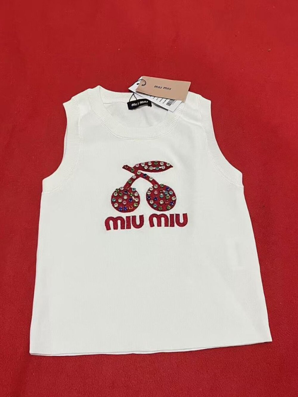 Miu Miu White Knit Sleeveless Tank Top Cherry Rhinestone Embellished - Picture 1 of 2